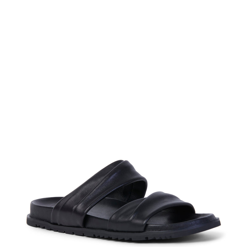 A black sandal with double black leather straps 