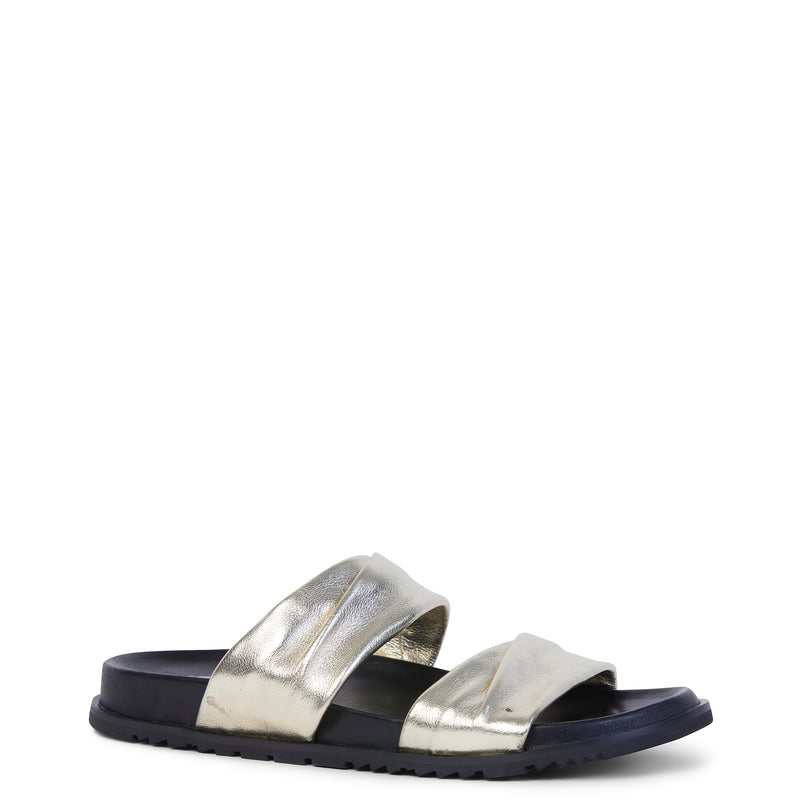 Sandal with black sole and double gold leather straps