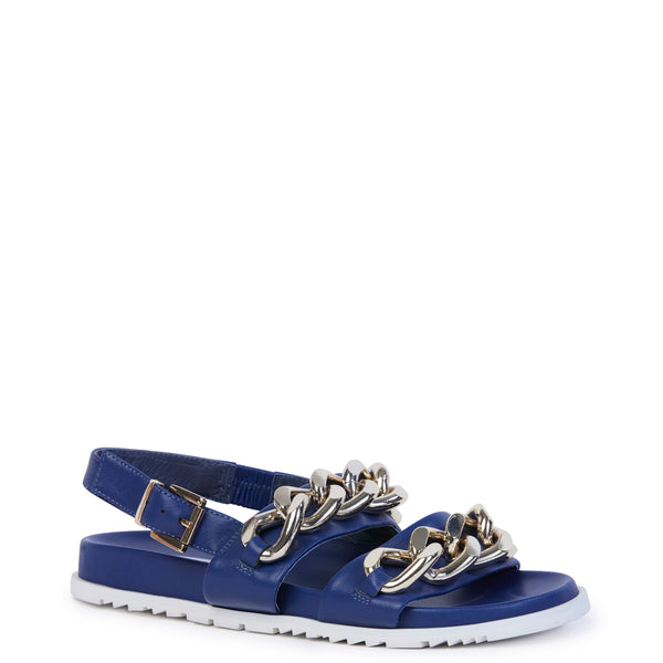 Ink blue leather sandal with double straps with gold linked chain detailing and a black strap