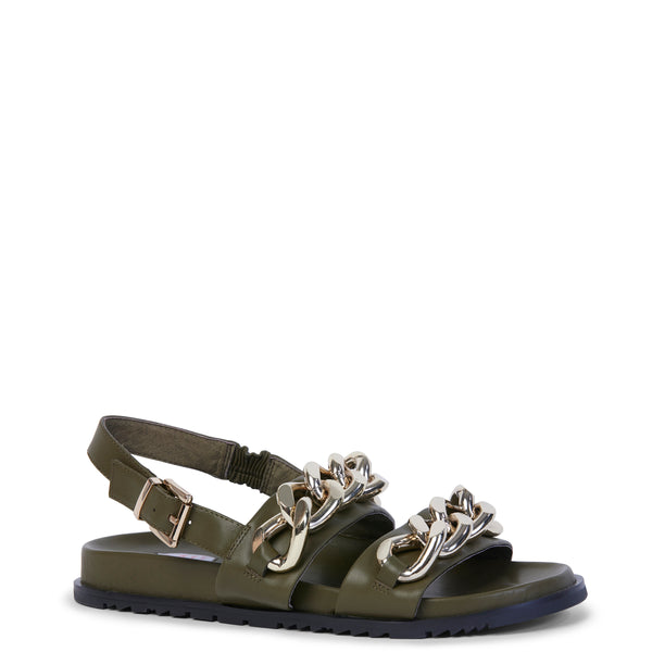 Khaki leather sandal with double straps with gold linked chain detailing and a black strap