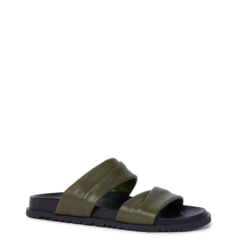 Sandal with black sole and double khaki leather straps