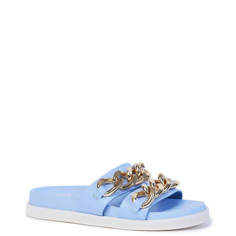 A cornflower blue leather slide with double straps with gold linked chains