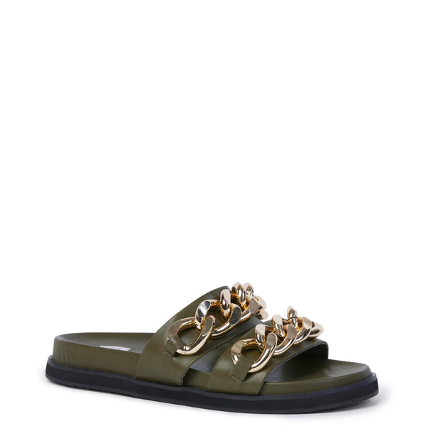 A khaki leather slide with double strap with gold linked chains
