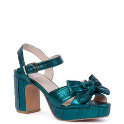 Emerald metallic chunky platform heel with a bow on the toe box