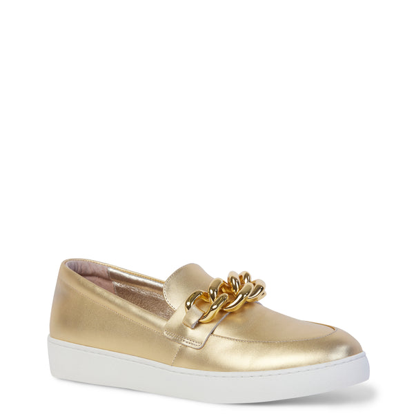 Gold loafer with gold linked chain detailing on lip of shoe