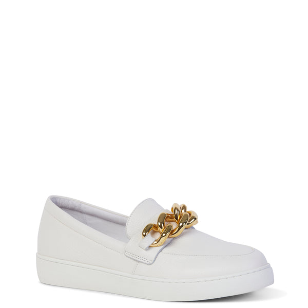 White loafer with gold link chain detailing on the lip on the shoe.