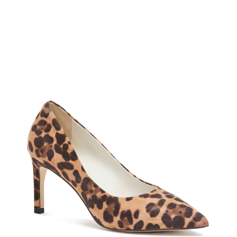Kathryn Wilson women's suede heel in a cheetah colourway on a white background. 