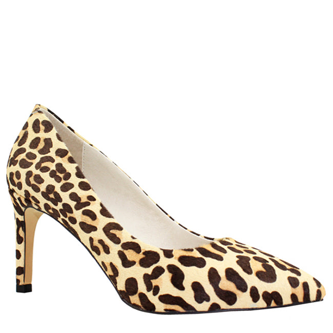 Kathryn Wilson women's leopard calf hair heel on a white background. 